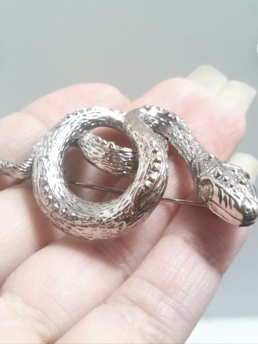 Vintage Snake brooch With Rhinestone eyes Silver Tone curled up snake pin